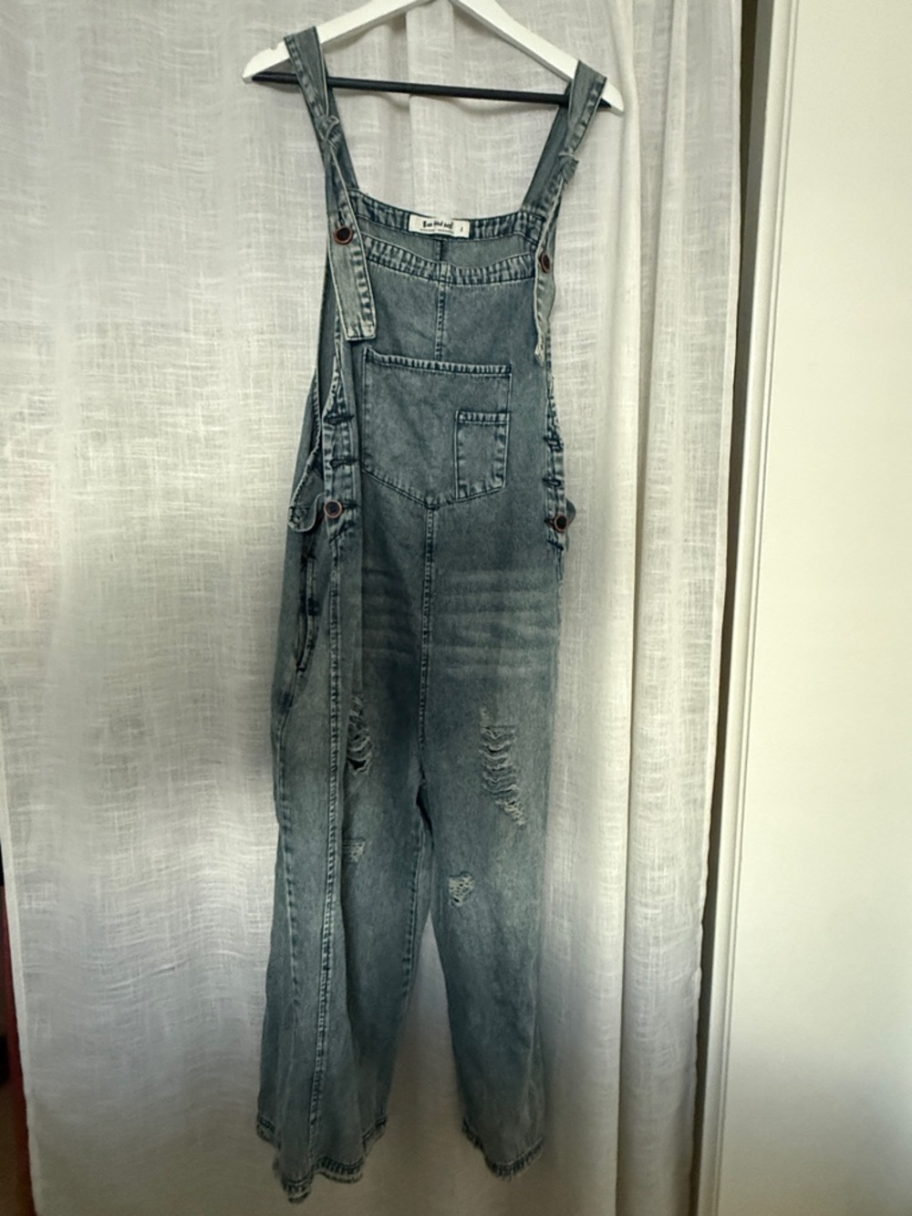 Three Bird Nest Faded Blue Distressed Denim Overalls